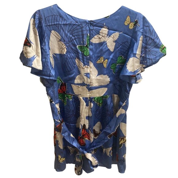 Voom by Joy Han 100% Silk Sky Blue Flying Butterfly Flutter Sleeve Blouse Size L - Picture 2 of 6